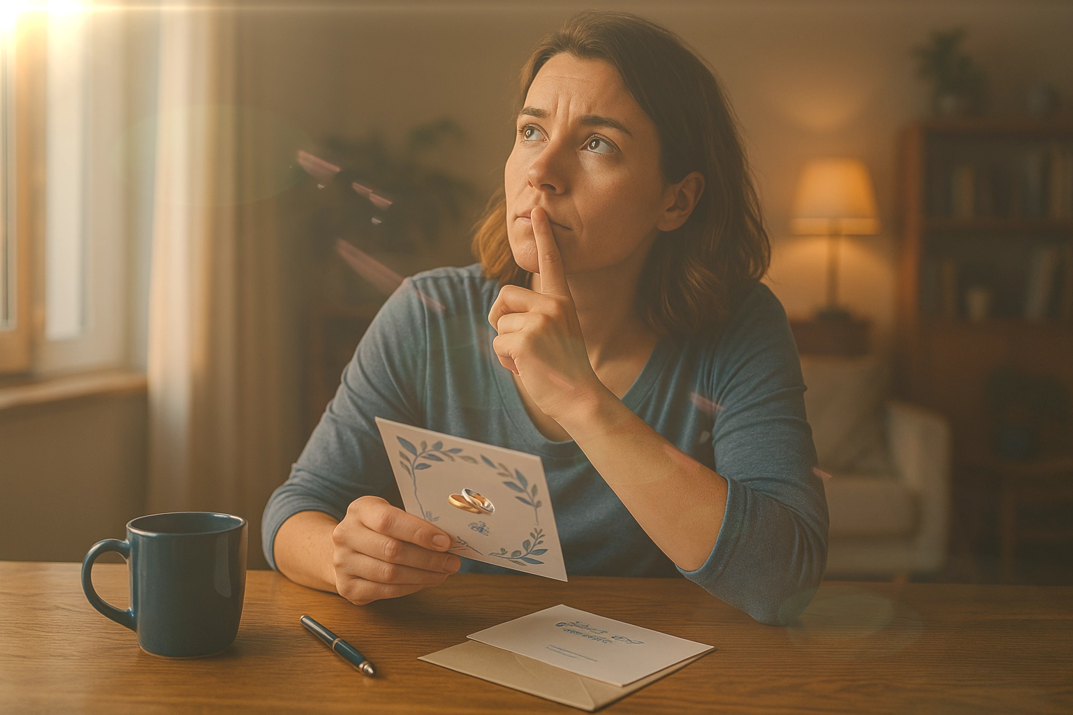 femme cherche idée de cadeau mariage femme assise a table avec invitation dans la main qui cherche une idée de cadeau de mariage