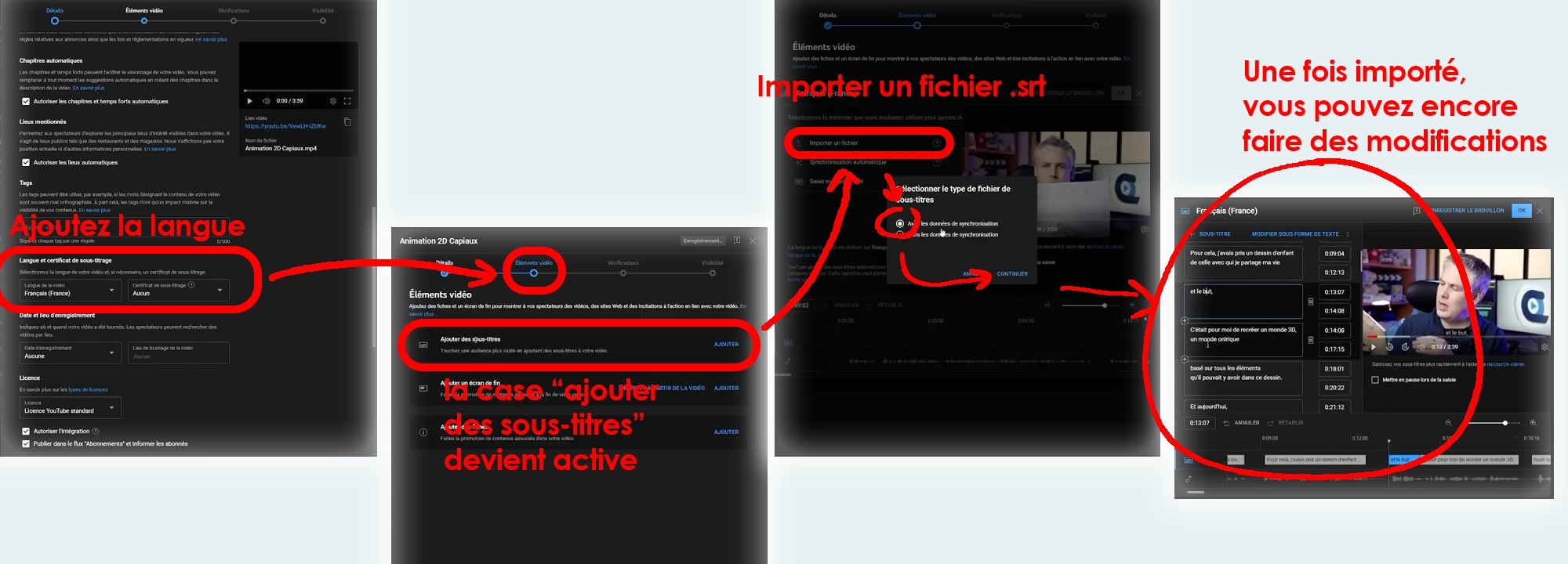 copie d'écran du process d'importation pour les fichiers de sous titrages srt sur youtube